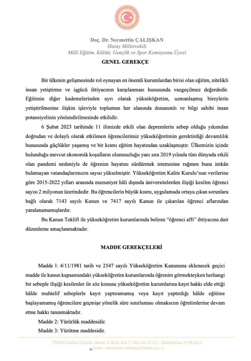 MİLLETVEKİLİ NECMETTİN ÇALIŞKAN’DAN TBMM’YE ÖĞRENCİ AFFI TEKLİFİ!