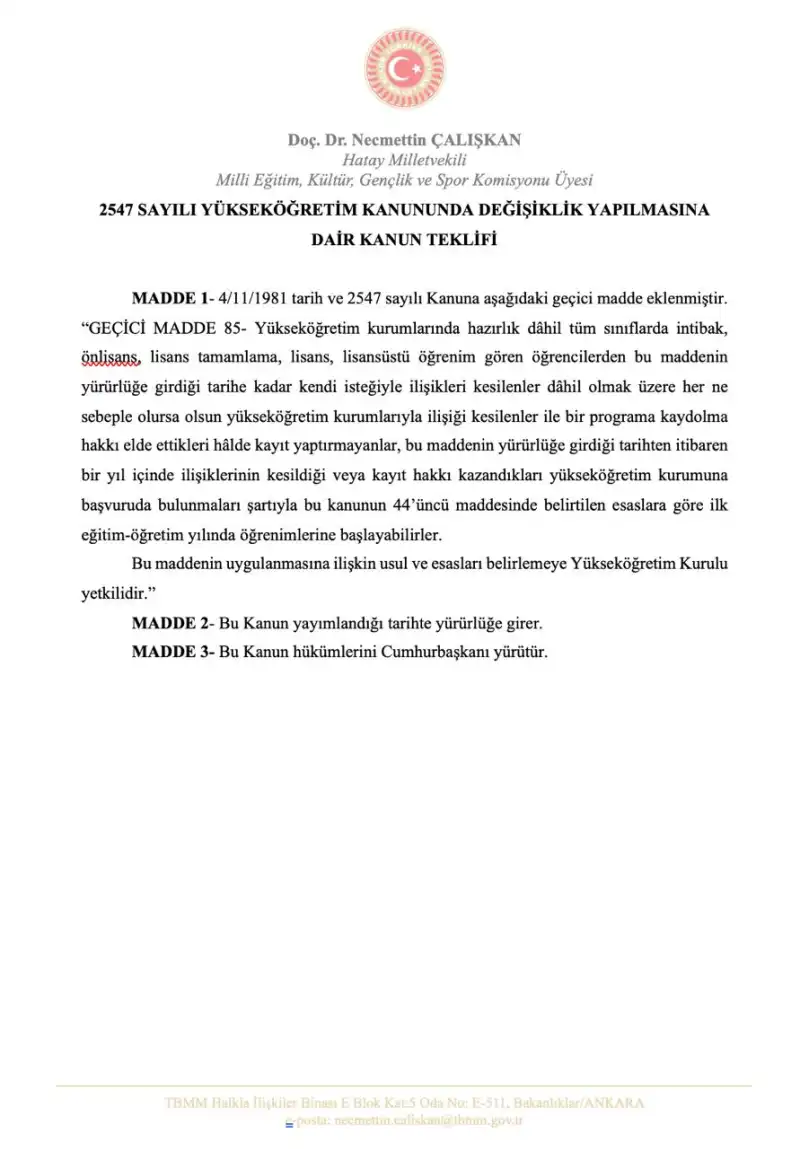 MİLLETVEKİLİ NECMETTİN ÇALIŞKAN’DAN TBMM’YE ÖĞRENCİ AFFI TEKLİFİ!
