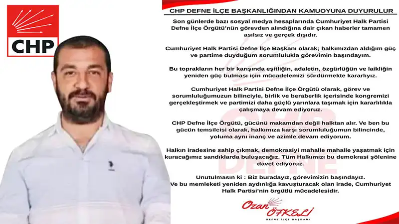 CHP Defne İlçe Başkanlığı’ndan Kamuoyu Açıklaması…