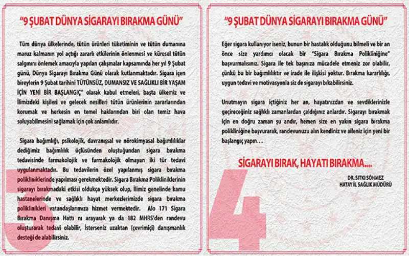  Hatay İl Sağlık Müdürlüğü’nden “9 Şubat Dünya Sigarayı Bırakma Günü” Mesajı