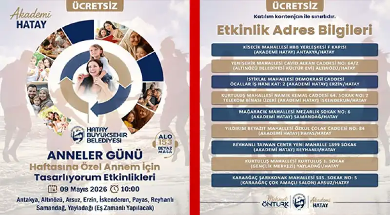 Hatay’da Anneler Günü Coşkusu Atölyelerle Yaşanacak