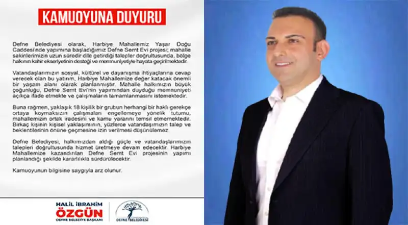 Defne Belediyesi’nden Kamuoyuna Duyuru