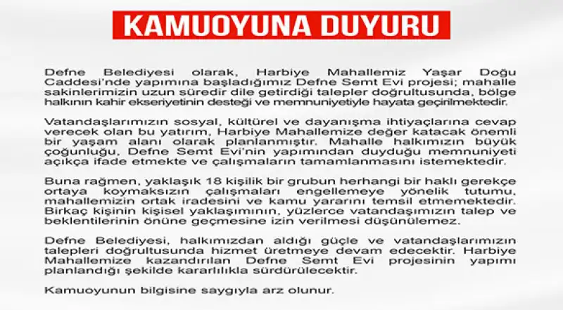 Defne Belediyesi’nden Kamuoyuna Duyuru