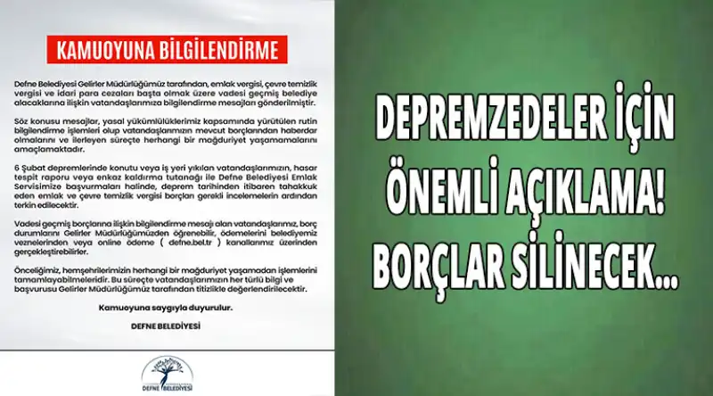 DEFNE BELEDİYESİ'NDEN ÖNEMLİ AÇIKLAMA!